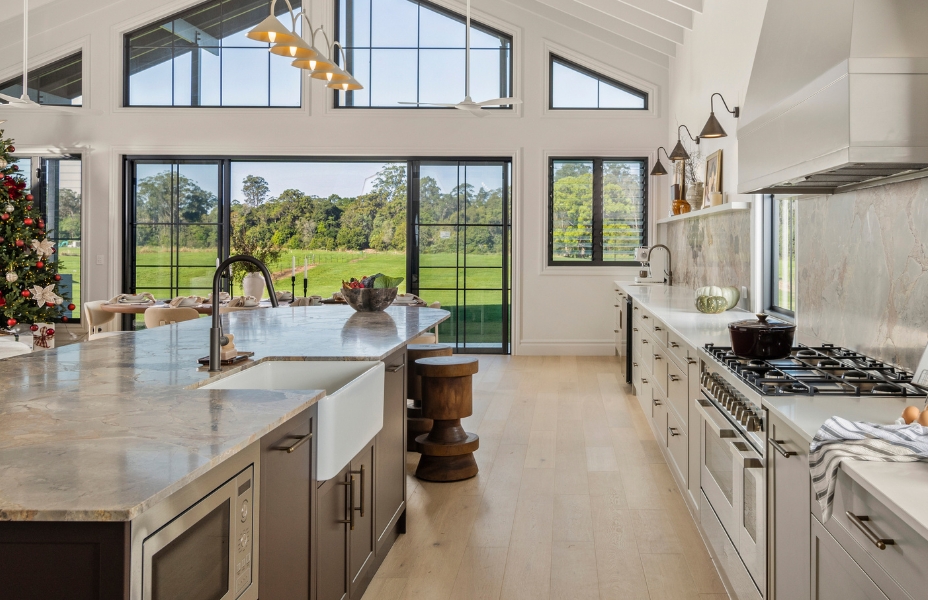 The kitchen of our 542 Prize Home featuring chess barstools