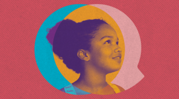 young girl looking hopeful on a maroon background and speech bubble 