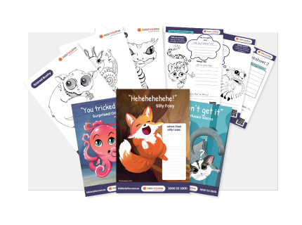Kids Helpline Mood Critters poster and worksheets showing different illustrated animal characters with a range of emotions