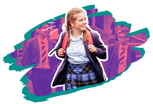 Girl with a backpack on in a school uniform with a two-toned background