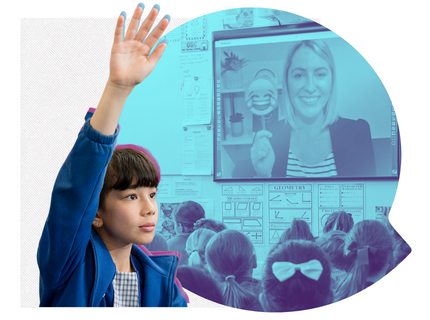 young girl with her hand up on a background of a woman on the screen in front of a class