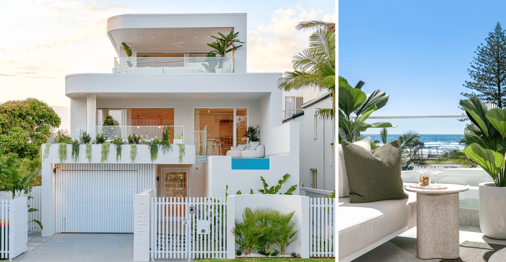 The front of our Miami Prize Home at dawn, next to the view of the ocean from the top balcony of the home